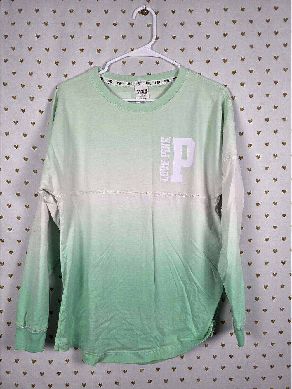 Victorias Secret PINK Gradient Campus Pocket Long Sleeve logo tee shirt Green XS